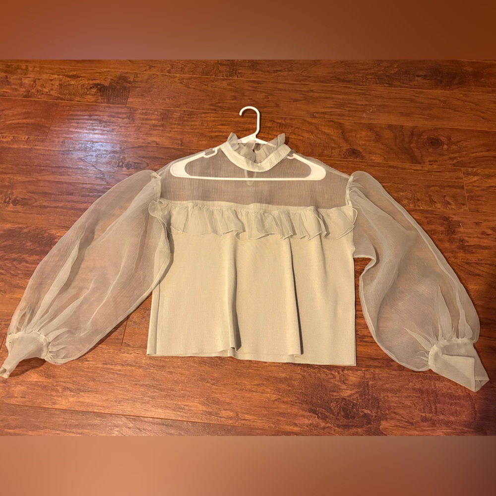 Zara Sheer Cream Blouse with Ruffle Detail